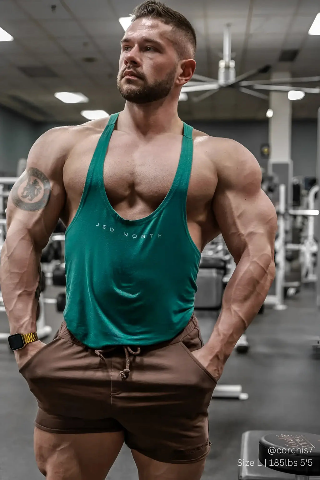 Teal sleeveless athletic tank top with jed north logo, classic bodybuilding racerback stringer in sea green