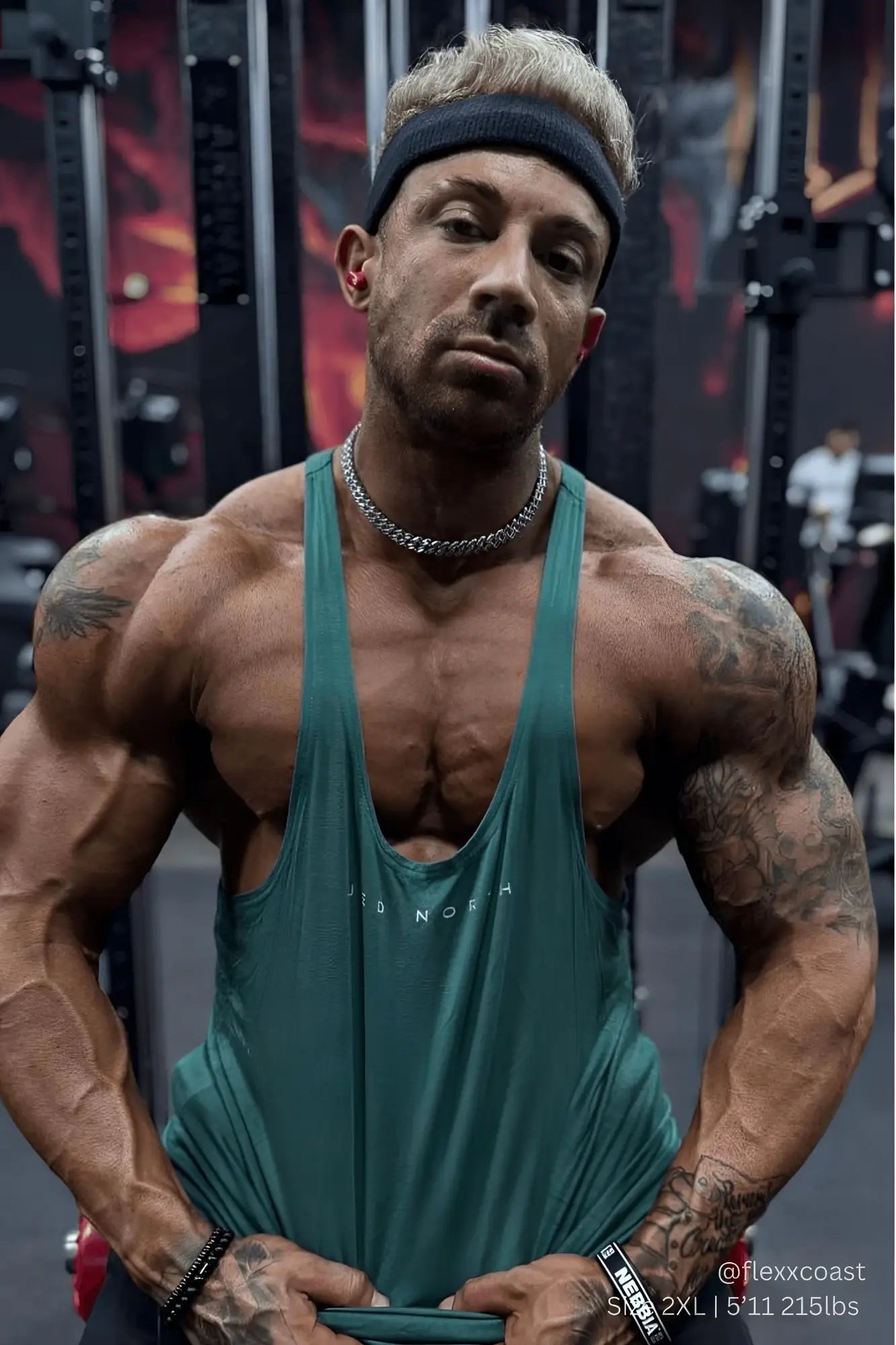 Teal green classic bodybuilding racerback stringer tank top with subtle white logo across the chest