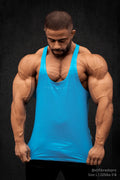 A vibrant sky blue jed north classic bodybuilding racerback stringer tank top with a subtle red worth logo across the chest