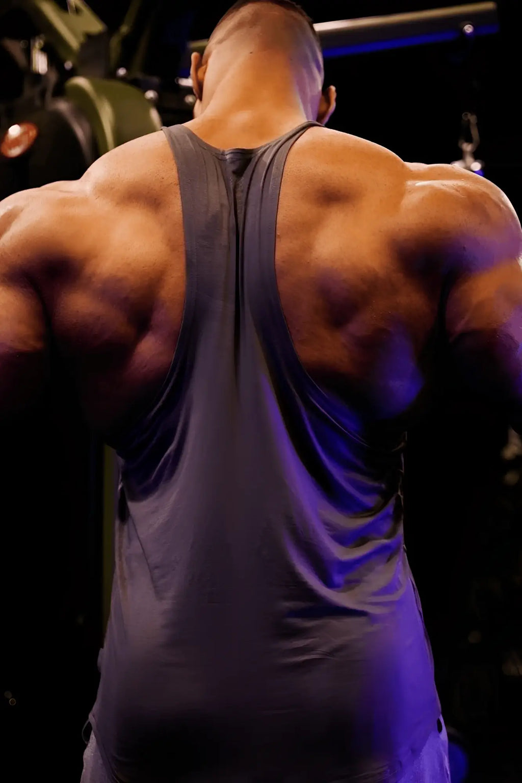 Back view of jed north classic bodybuilding racerback stringer steel gray sleeveless tank top with central zipper