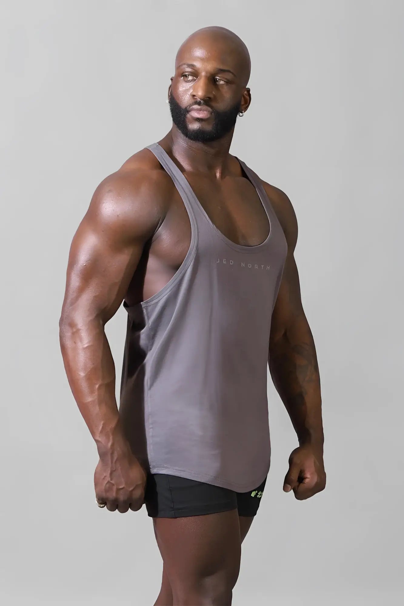 Jed North classic bodybuilding racerback stringer steel gray muscle tank top with subtle chest logo for gym use