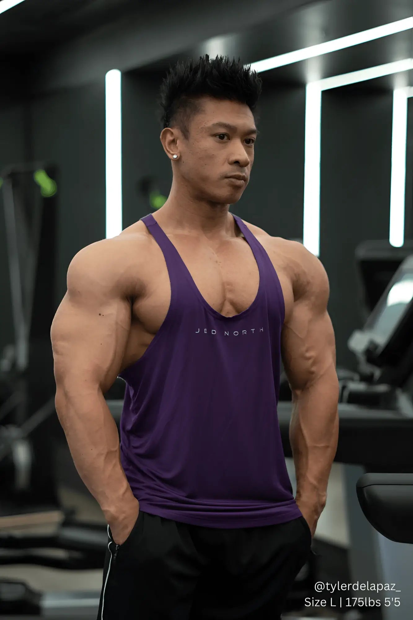 Purple sleeveless classic bodybuilding racerback stringer tank top with jed north logo for athletic training