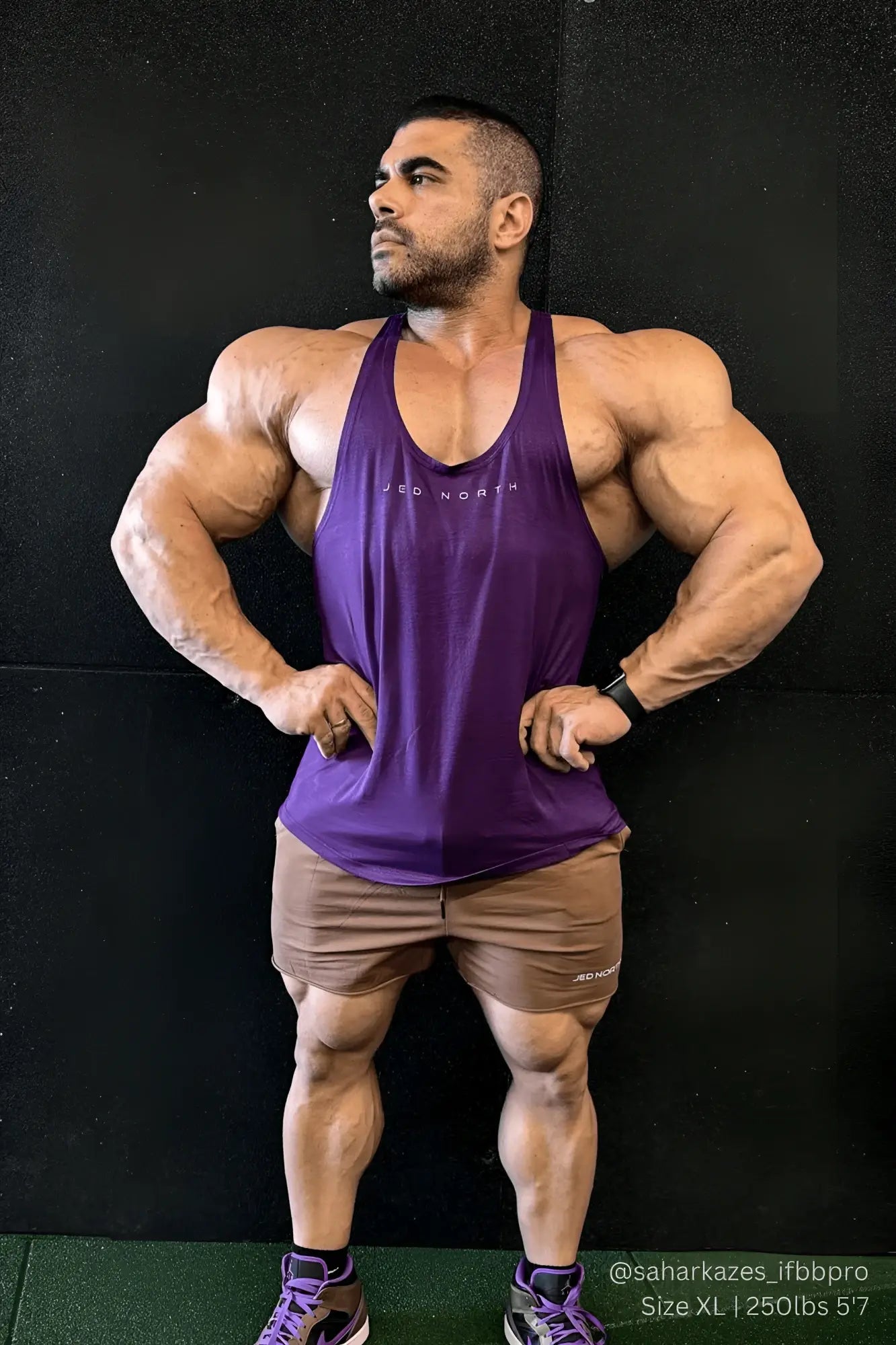 Purple sleeveless classic bodybuilding racerback stringer tank top with jeo north print on chest in violet color