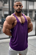 Purple classic bodybuilding racerback stringer tank top with jes north branding across the chest in violet