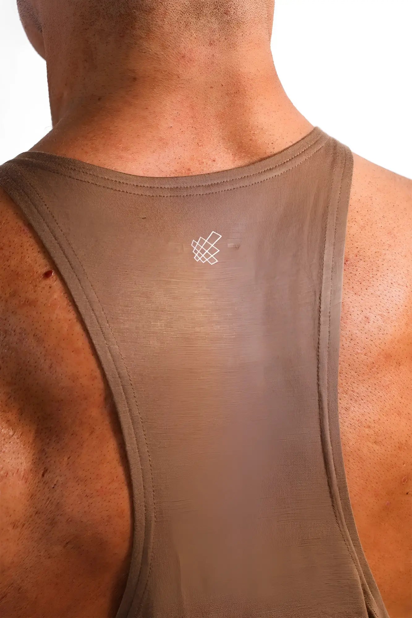 Back view of jed north classic bodybuilding racerback stringer in walnut brown with subtle white geometric logo