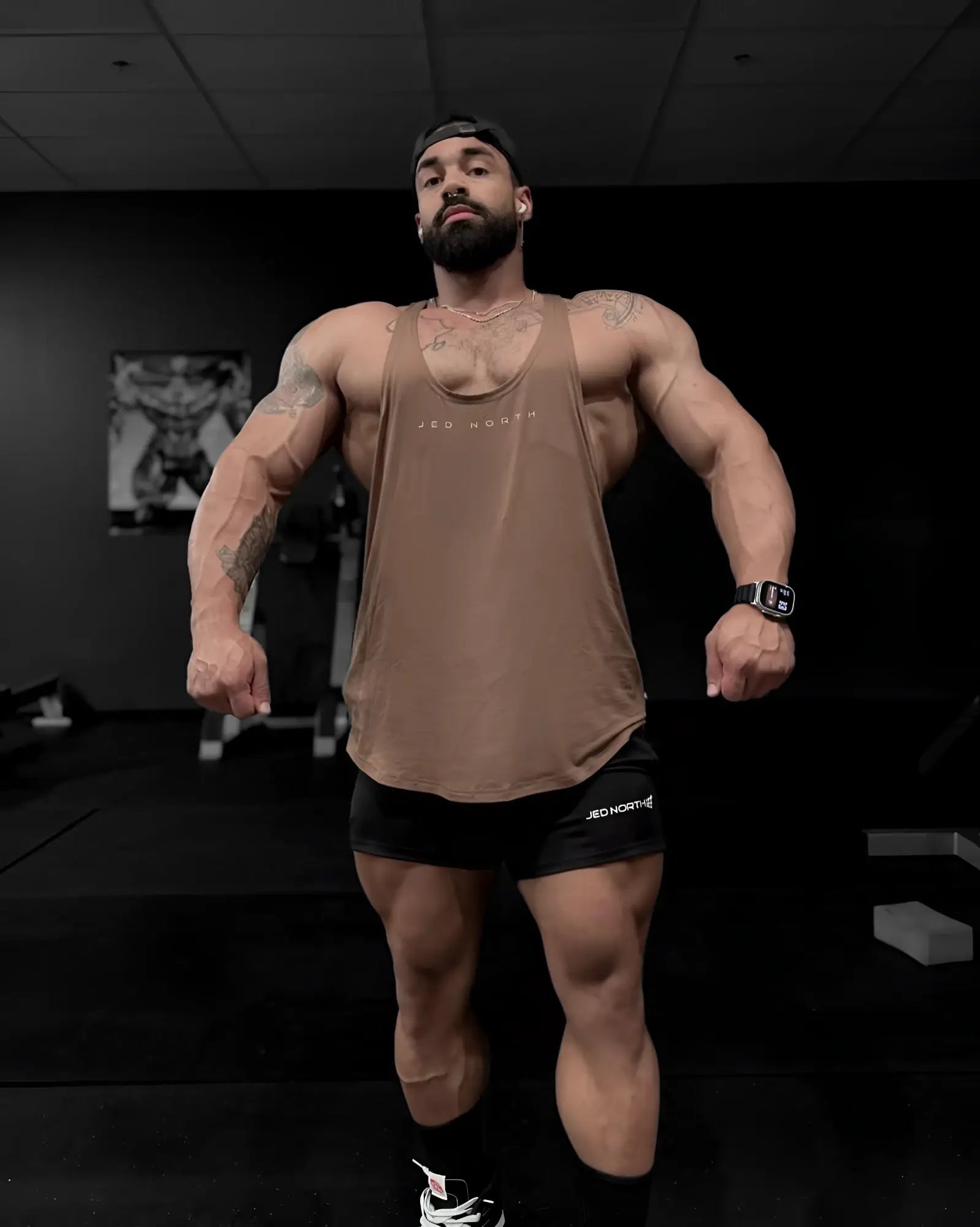 Jed North classic bodybuilding racerback stringer walnut brown tank top with red horn print in white lettering