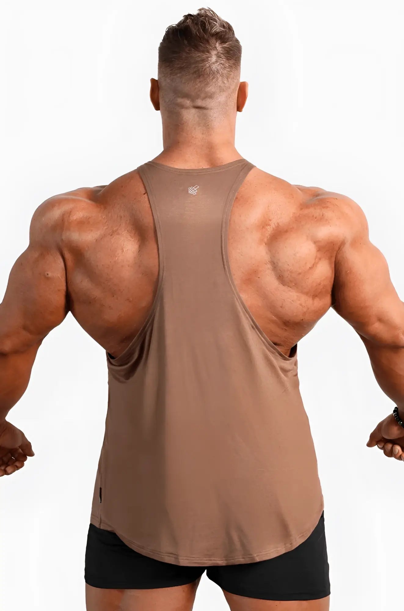 Back view of a jed north classic bodybuilding racerback stringer in walnut brown featuring a muscle tank design