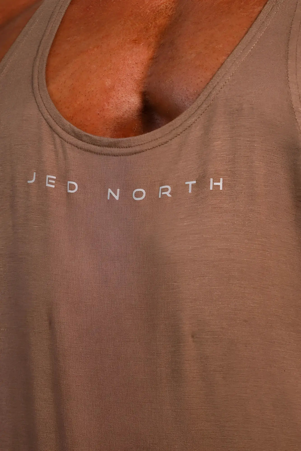Jed North classic bodybuilding racerback stringer tank top in walnut brown soft cotton with white jed north logo