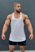 White athletic tank top with simple fitted design from classic bodybuilding racerback stringer collection