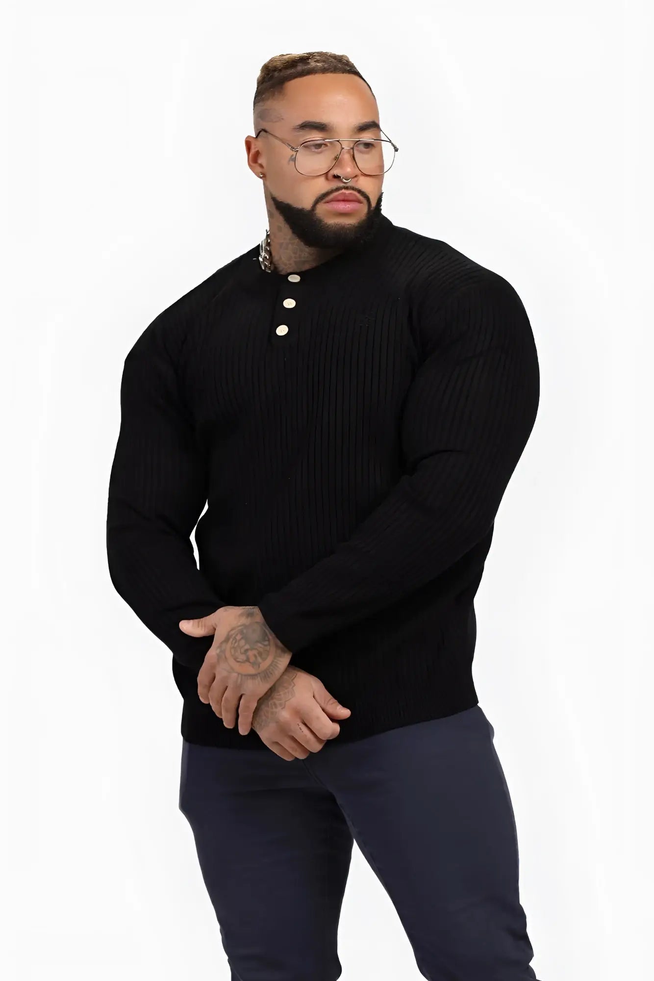 Classic henley sweater black ribbed knit with three white buttons for casual and comfortable wear