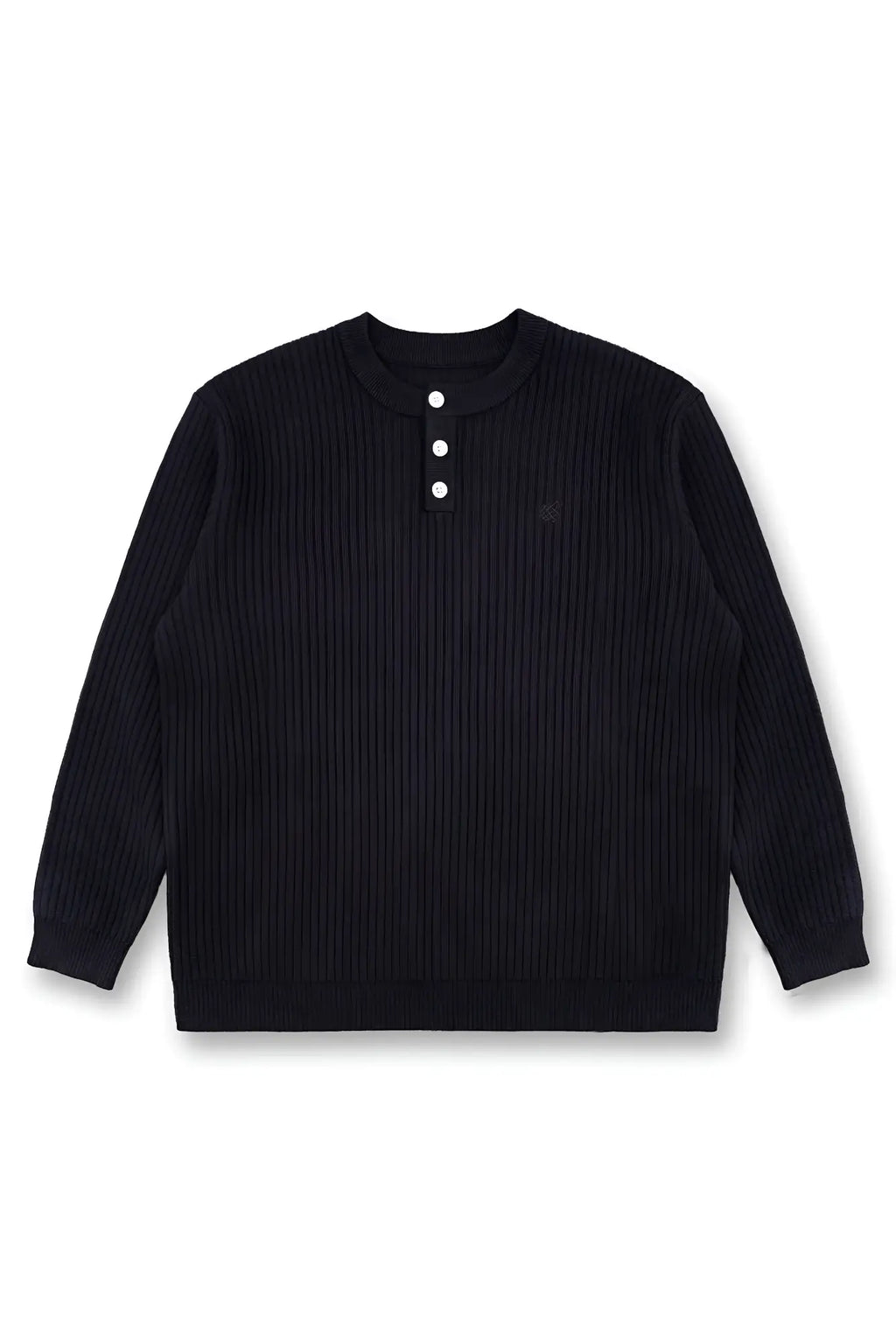 Classic henley sweater black ribbed knit with three white buttons and small embroidered logo on left chest