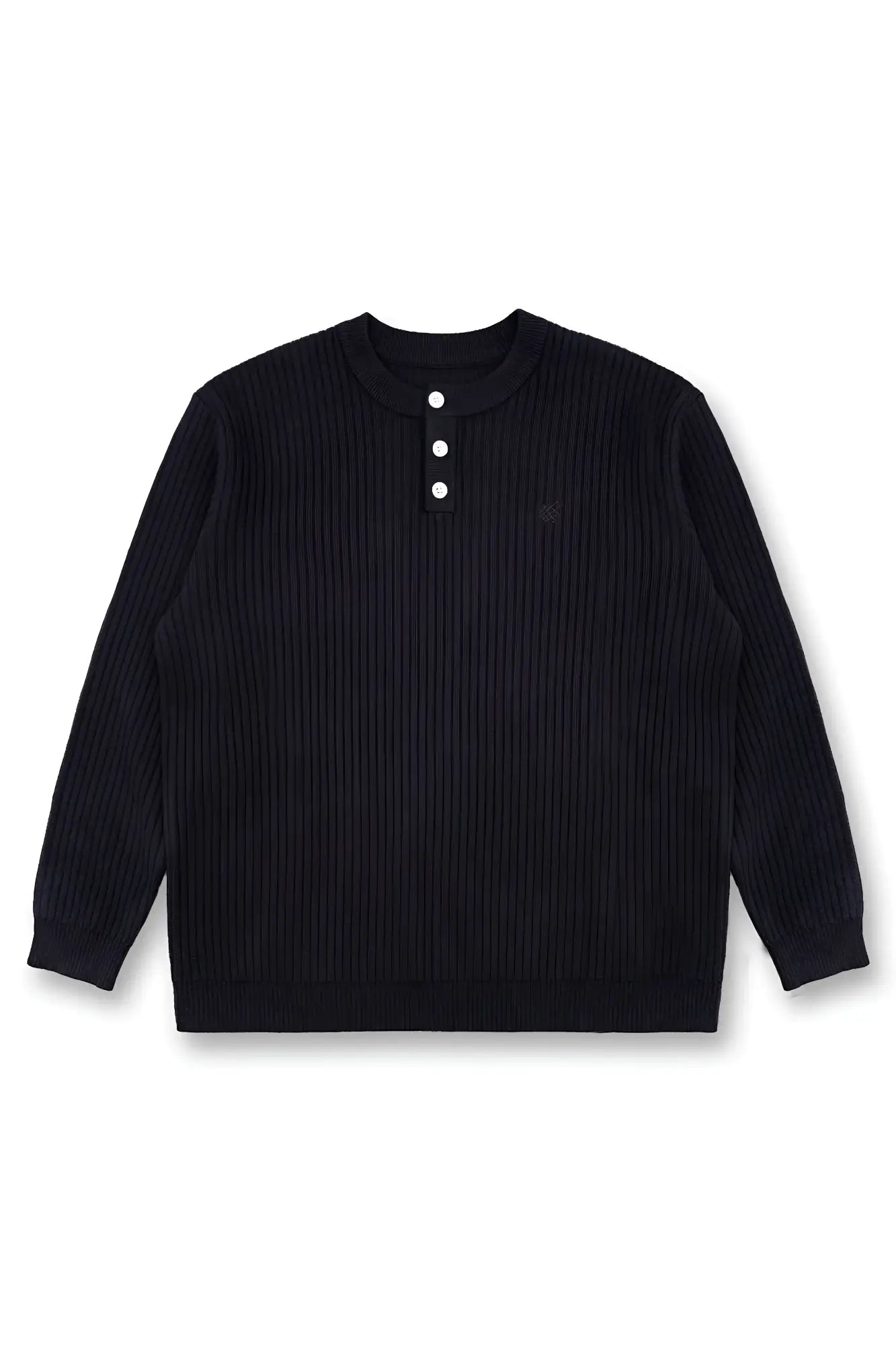 Classic henley sweater black ribbed knit with three white buttons and small embroidered logo on left chest