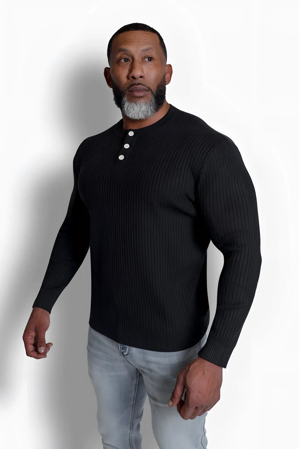 Classic henley sweater black ribbed knit long sleeve shirt with white buttons ideal for casual wear