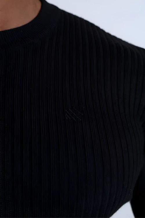 Classic henley sweater black ribbed knit with subtle textured pattern ideal for casual wear