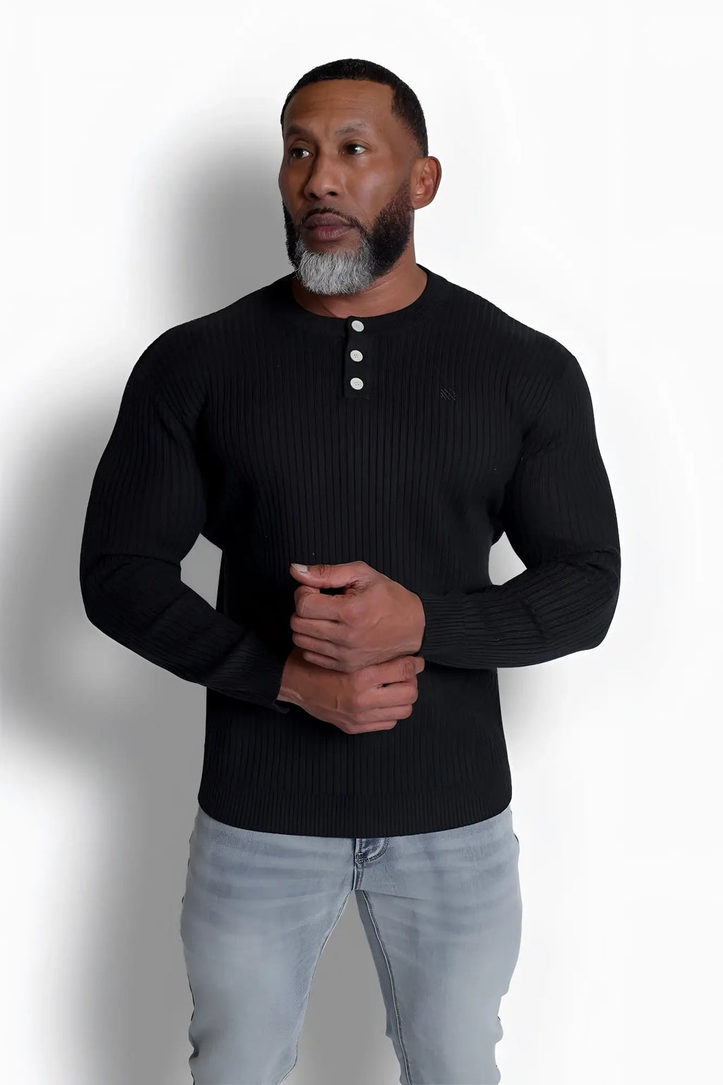 Black ribbed long-sleeve henley sweater with three white buttons from the Classic Henley Sweater collection