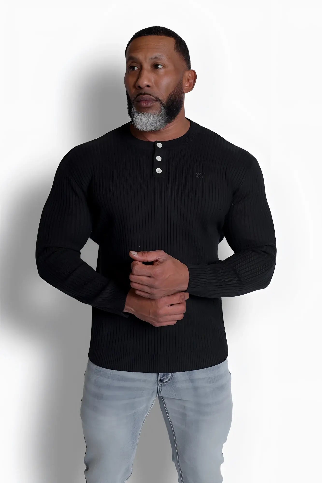 Black ribbed long-sleeve henley sweater with three white buttons from the Classic Henley Sweater collection