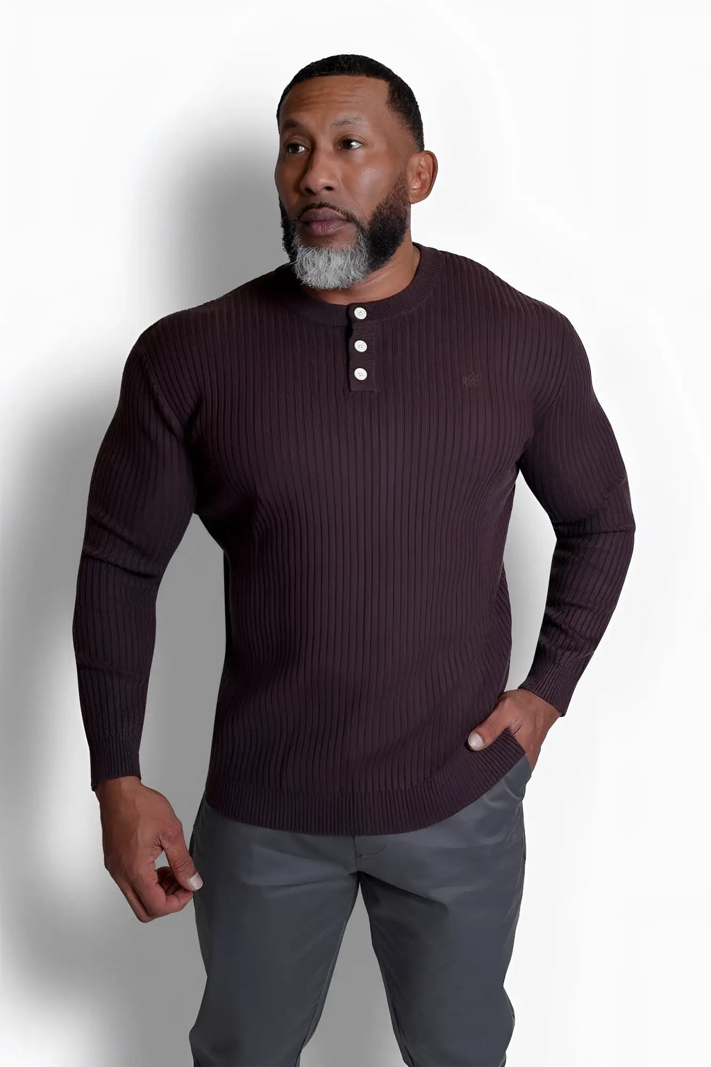 Classic henley sweater brown dark burgundy ribbed knit with white buttons and subtle embroidered chest logo