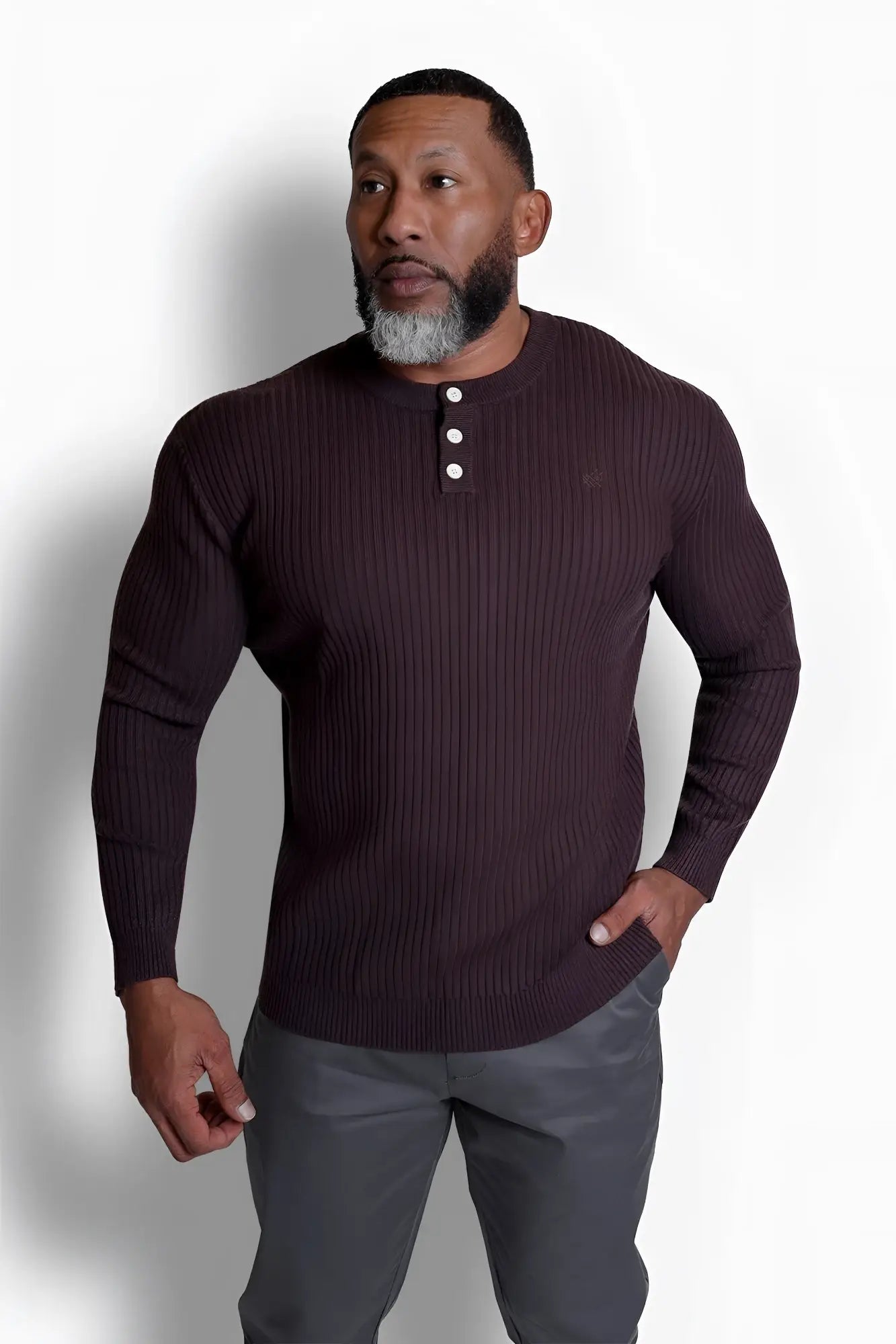 Classic henley sweater brown dark burgundy ribbed knit with white buttons and subtle embroidered chest logo