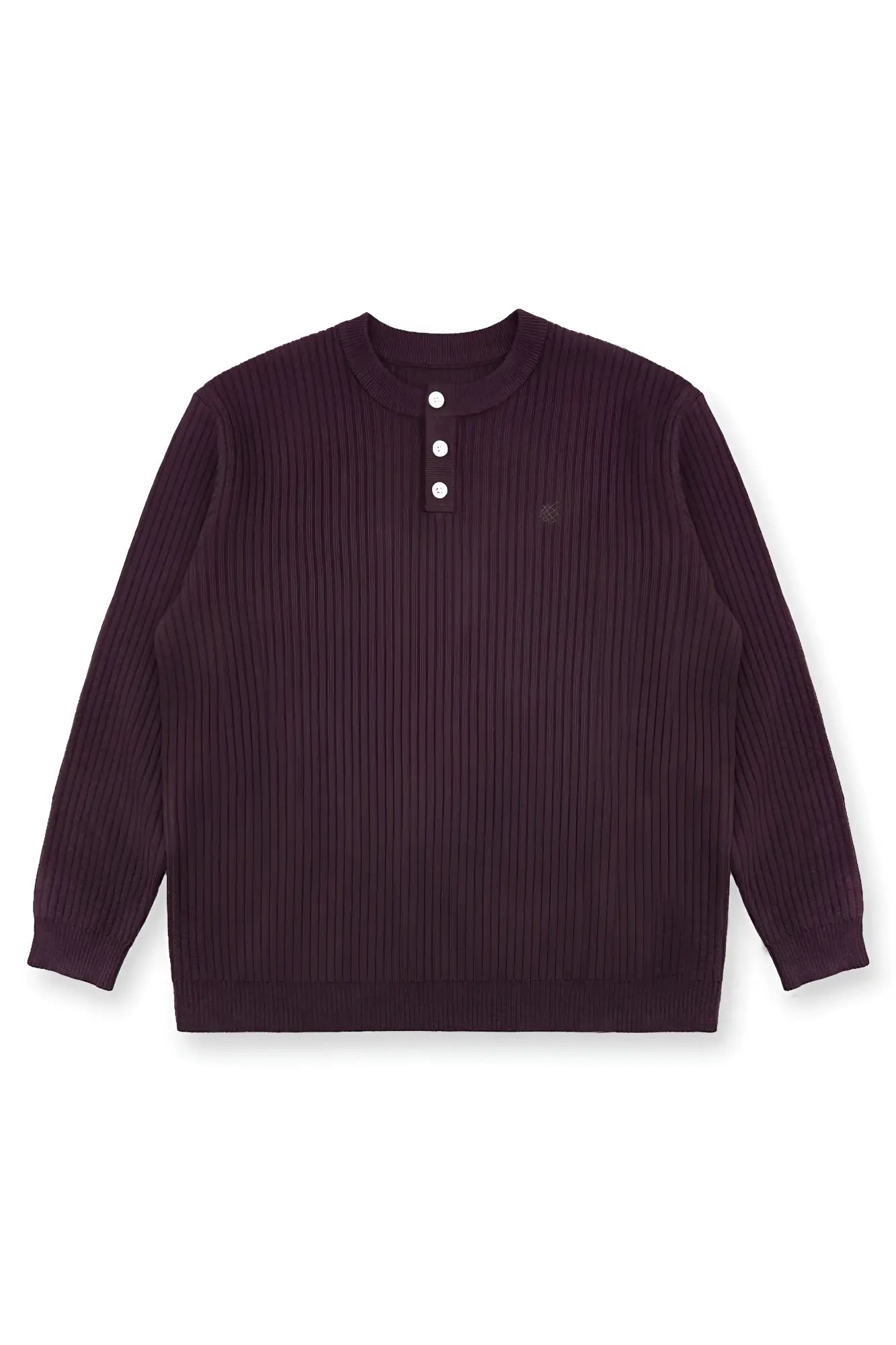 Classic henley sweater brown dark purple ribbed knit with three white buttons and small embroidered chest logo