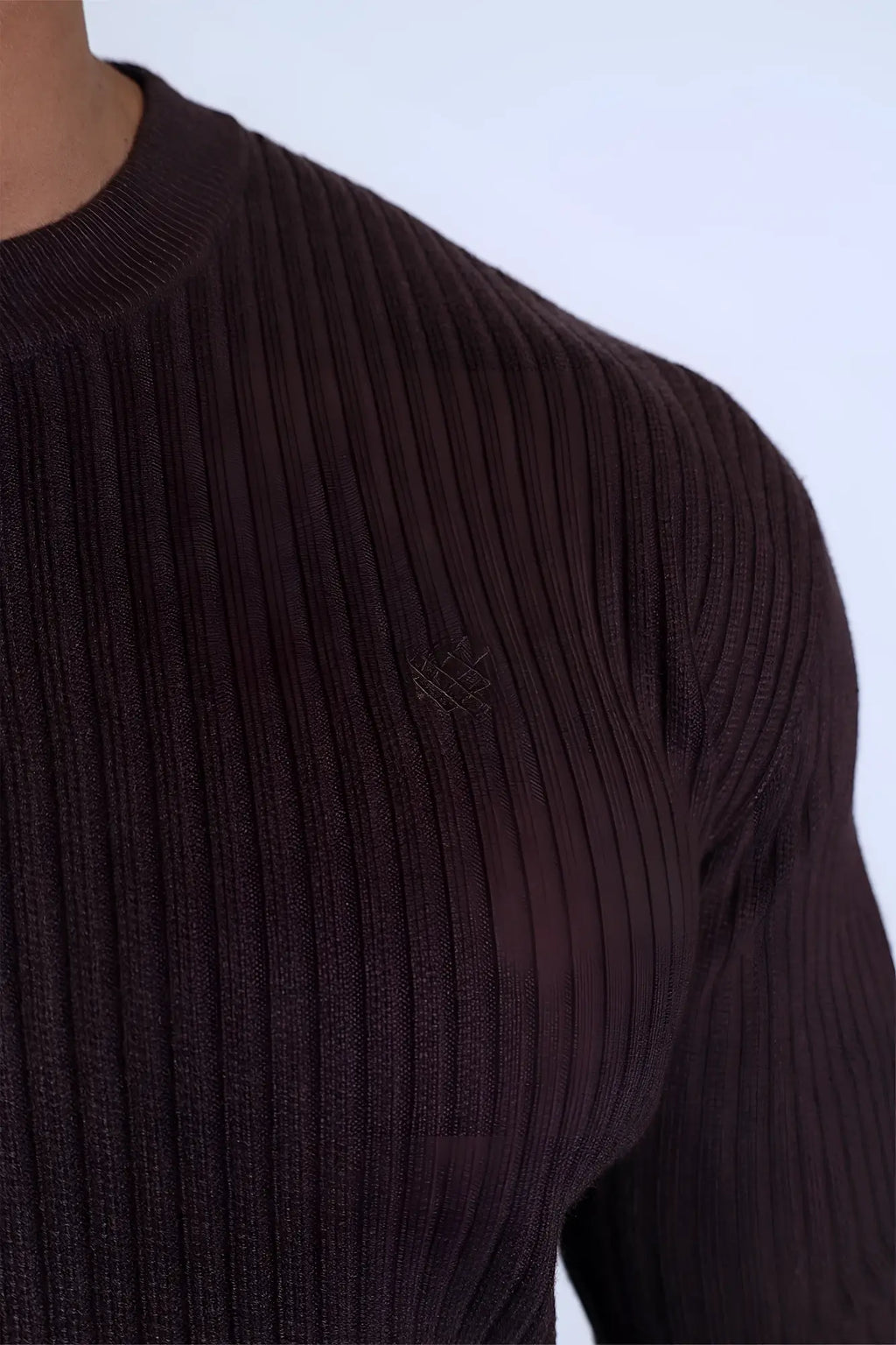 Dark brown ribbed knit classic henley sweater featuring a subtle embroidered logo on the chest