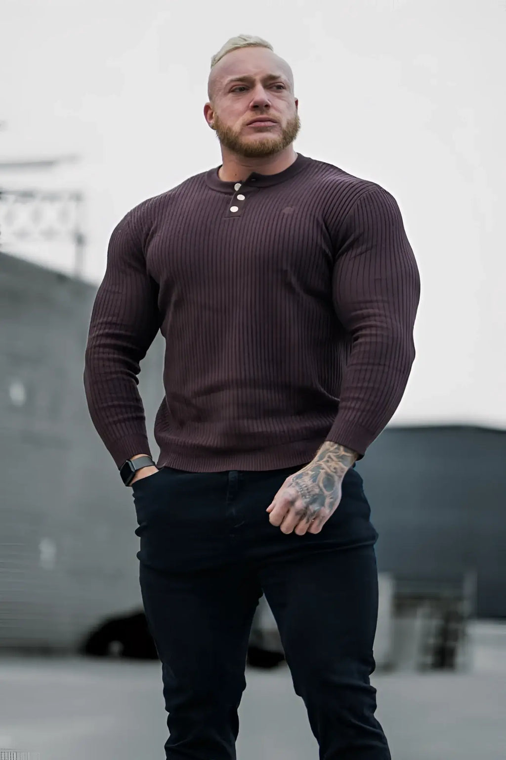 Classic henley sweater brown dark brown ribbed knit with buttoned placket for casual wear