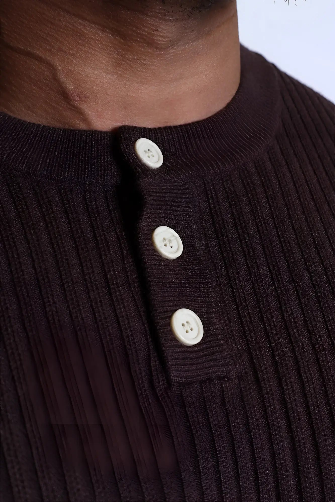 Dark brown ribbed knit henley sweater with three white buttons classic henley sweater brown