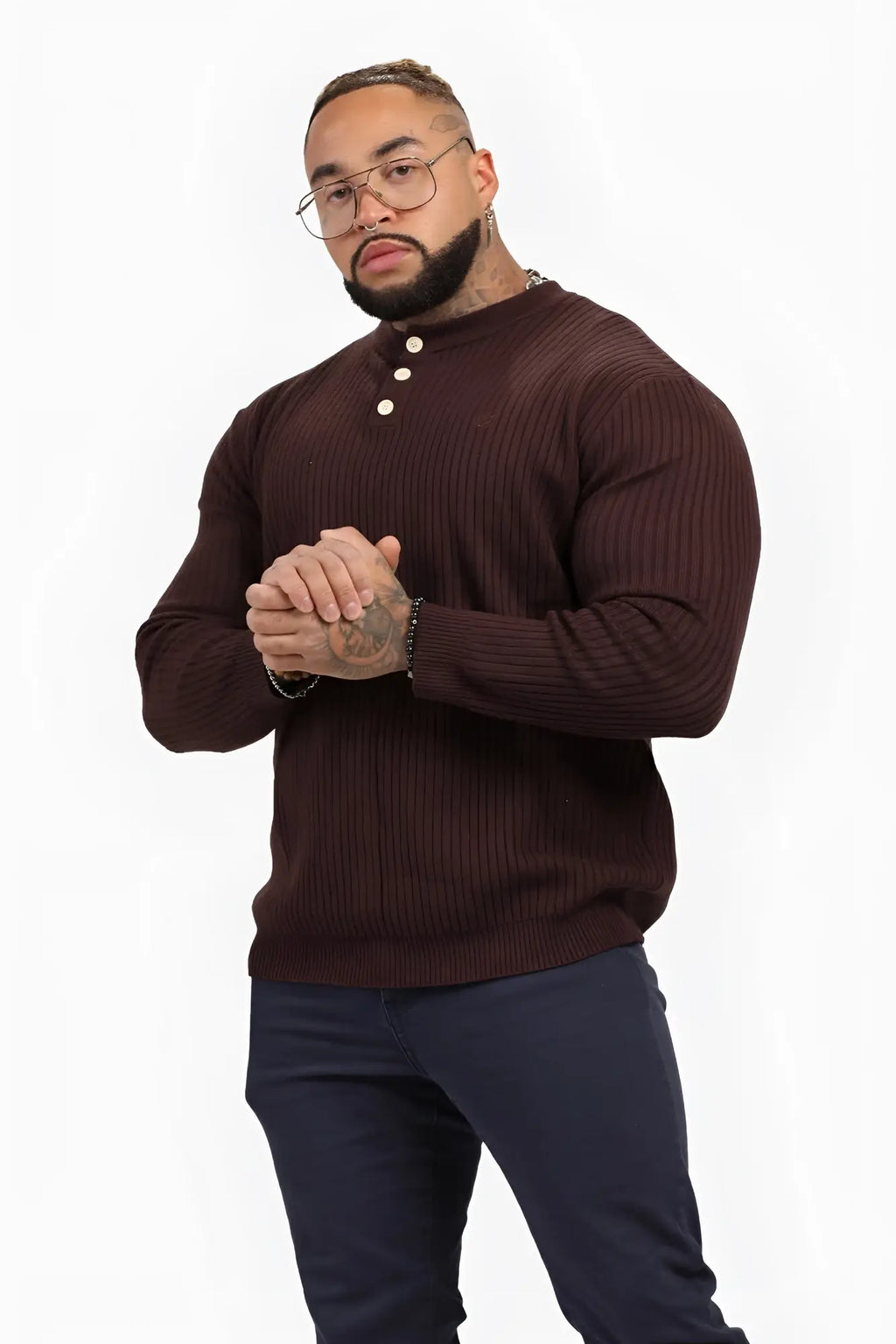 Classic henley sweater brown ribbed dark brown knit with henley neckline and three white buttons