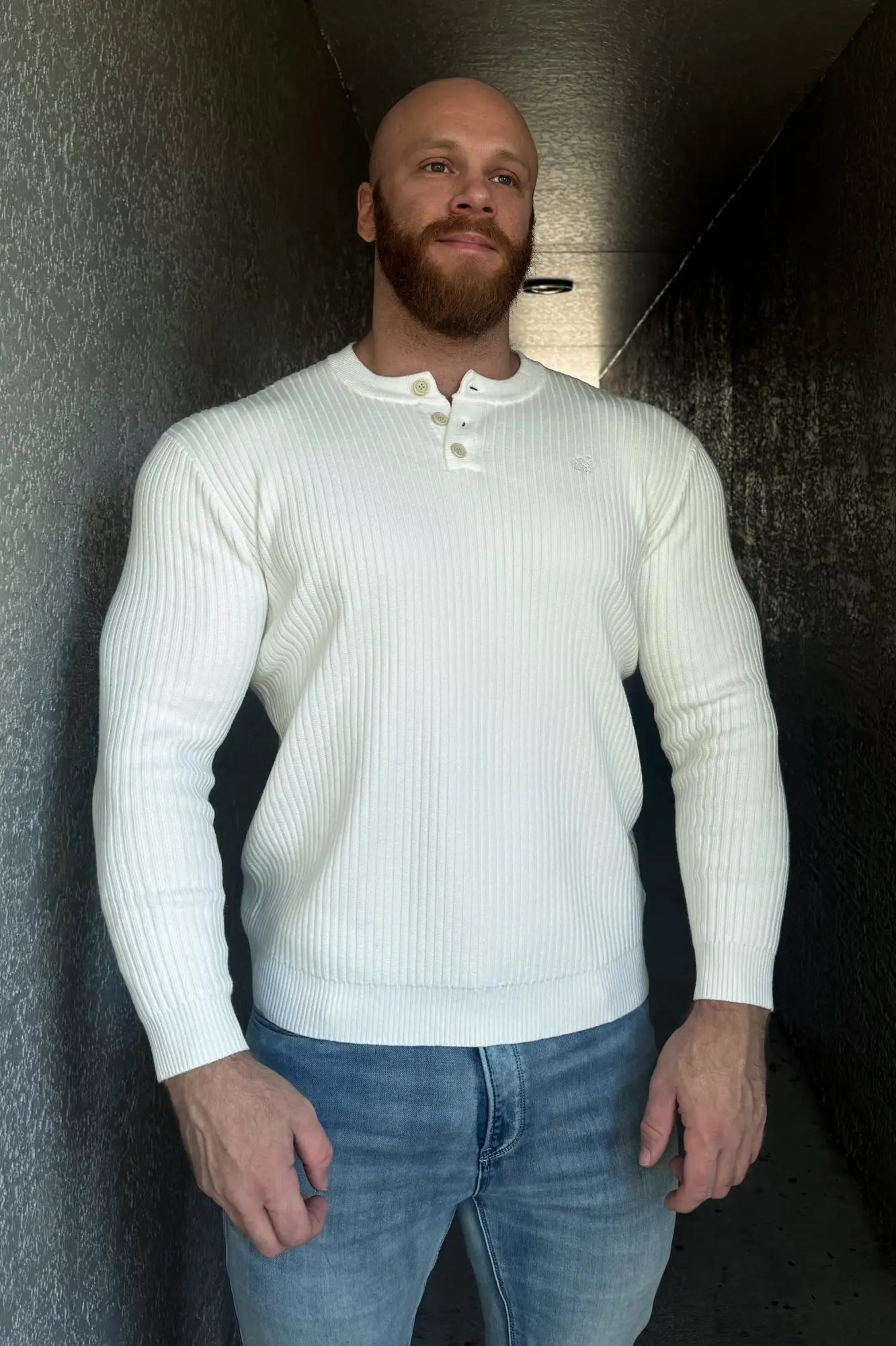Classic henley sweater cream white ribbed knit with three button closures for casual wear