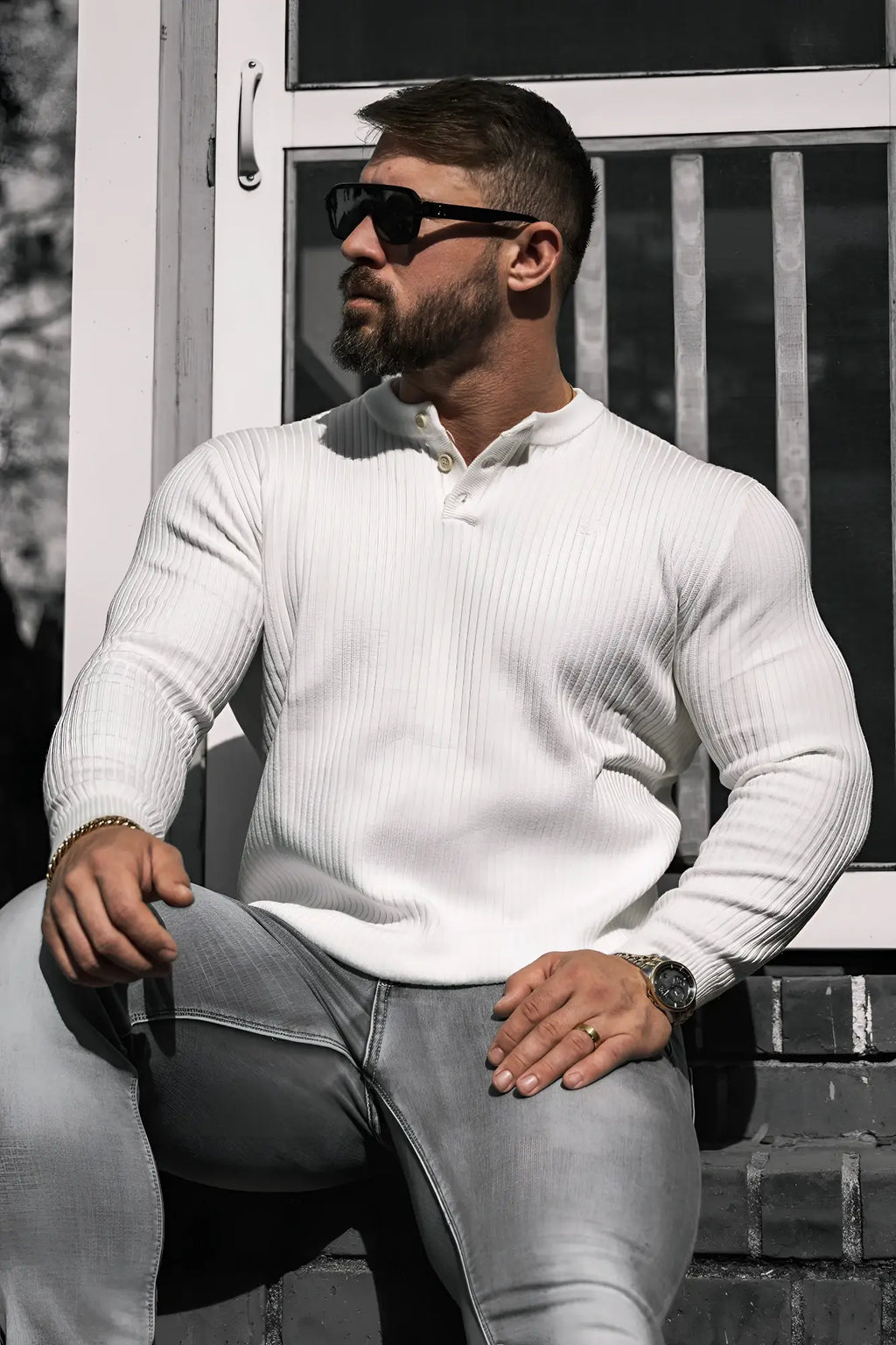 Classic henley sweater cream white ribbed knit long sleeve casual lightweight cotton blend henley shirt