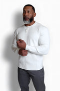 Classic henley sweater cream in white ribbed knit featuring long sleeves and button placket for casual wear