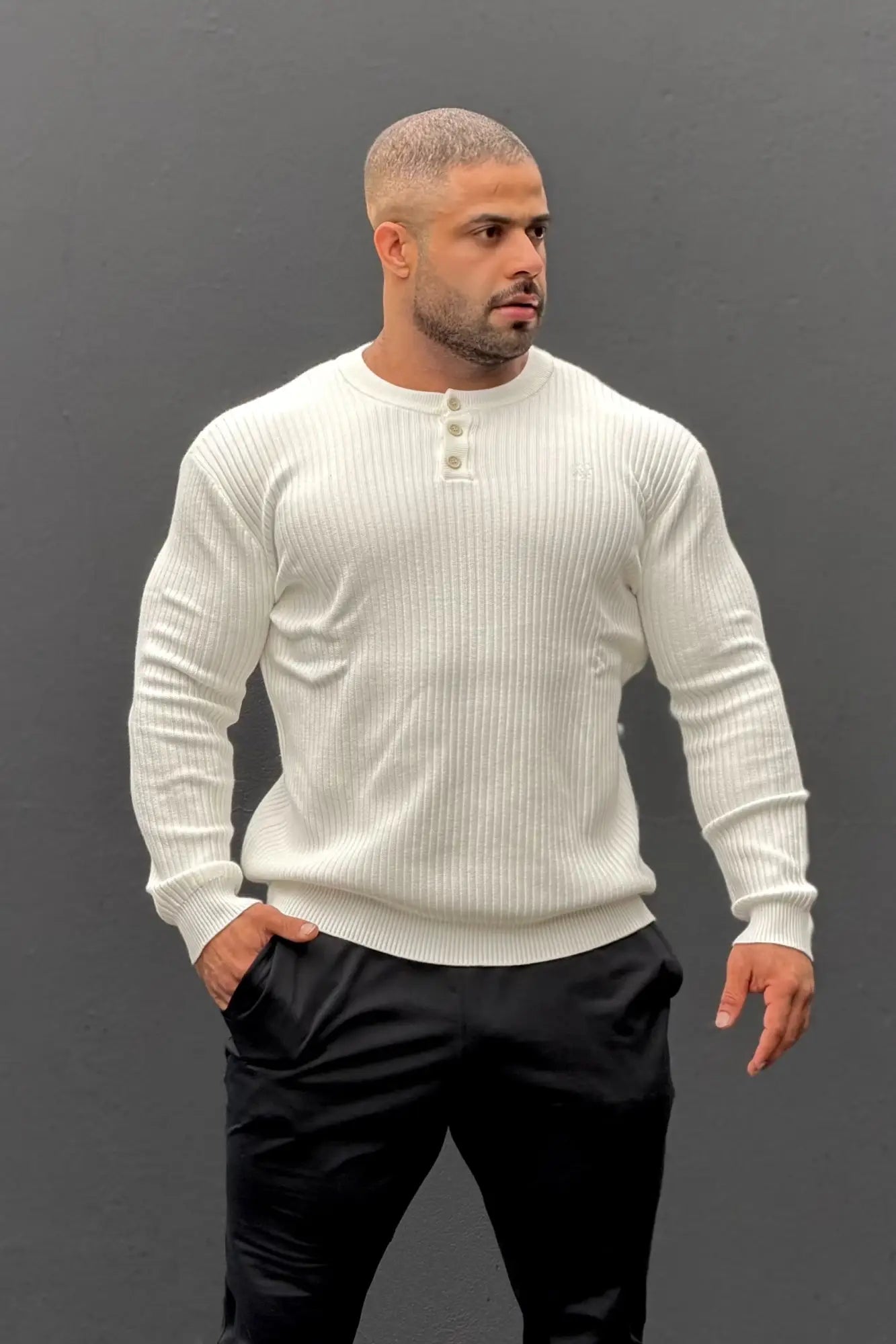Classic Henley sweater cream white ribbed long-sleeve cotton knit top perfect for casual layering