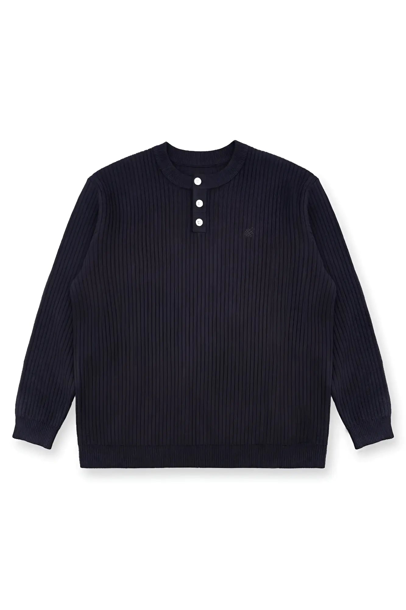 Classic henley sweater in dark gray ribbed knit with three white buttons and small embroidered logo on left chest