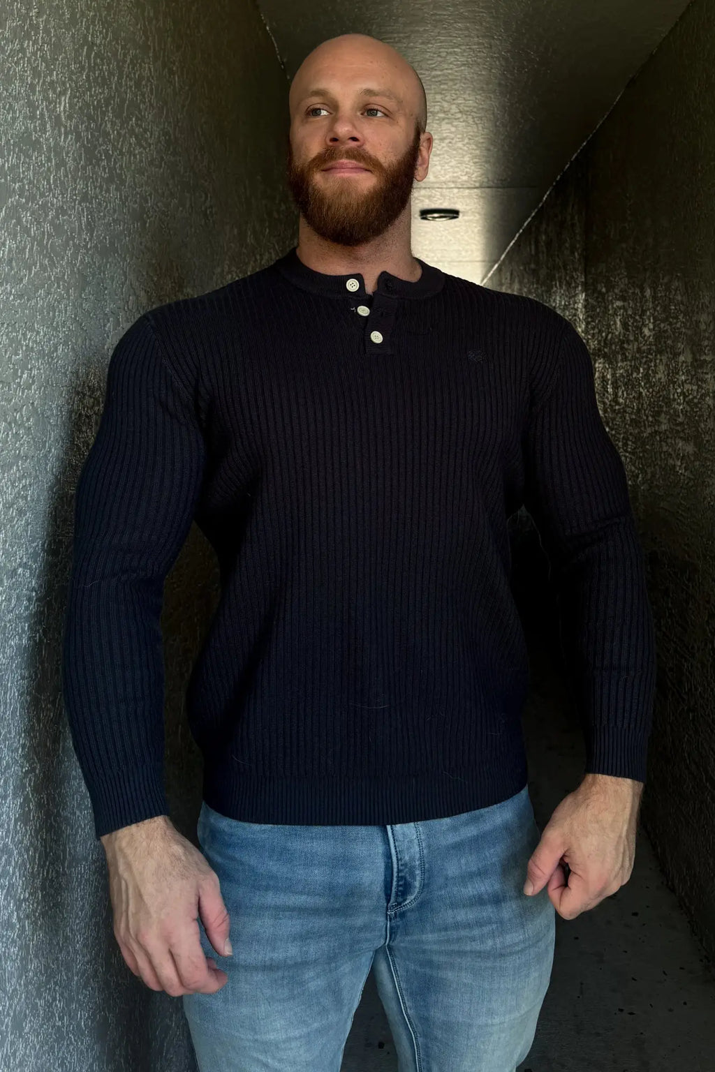 Classic henley sweater dark gray ribbed knit with three white buttons perfect for casual layering and comfort