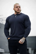 Dark navy ribbed knit long sleeve henley sweater with button placket classic henley sweater dark gray style