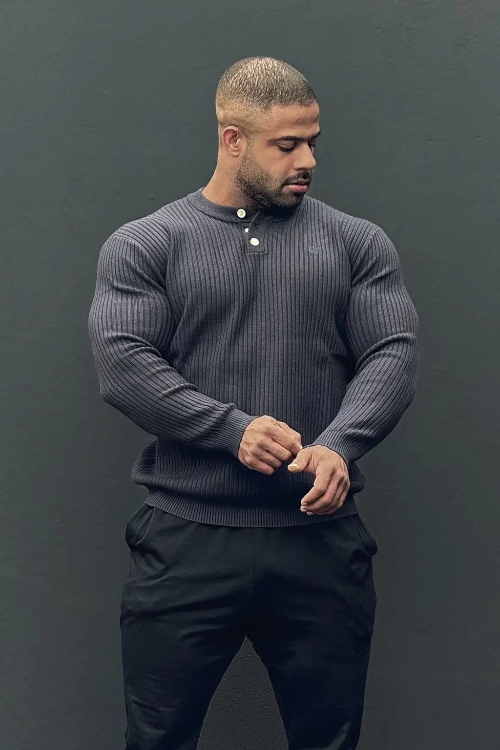 Dark gray ribbed knit henley sweater with white buttons classic henley sweater perfect for casual wear