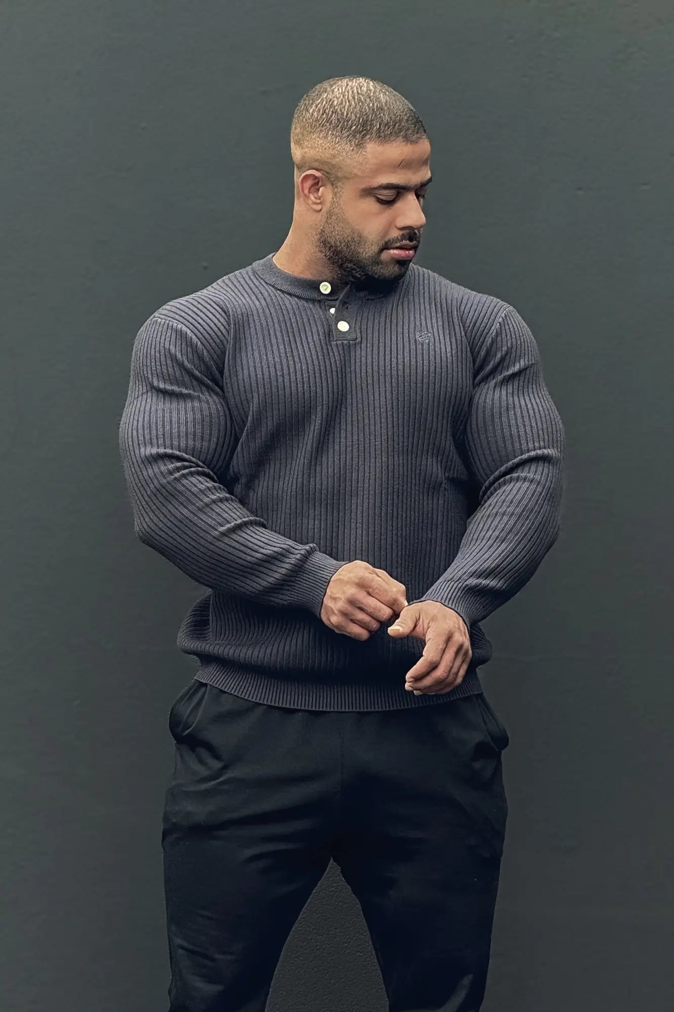 Dark gray ribbed knit henley sweater with white buttons classic henley sweater perfect for casual wear