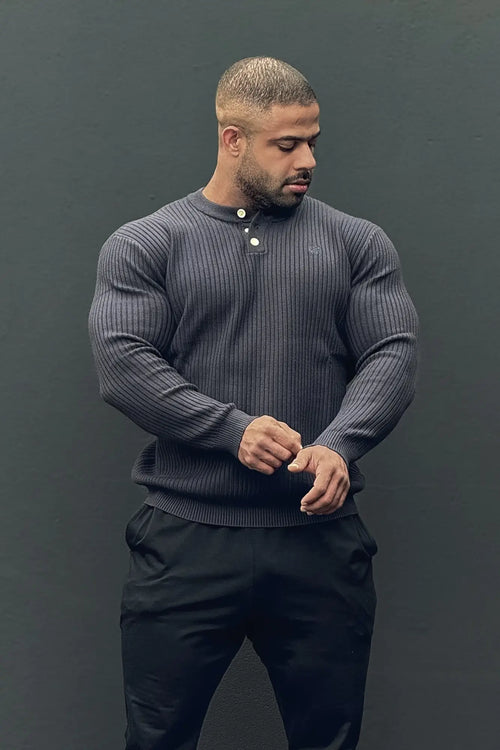 Dark gray ribbed knit henley sweater with white buttons classic henley sweater perfect for casual wear