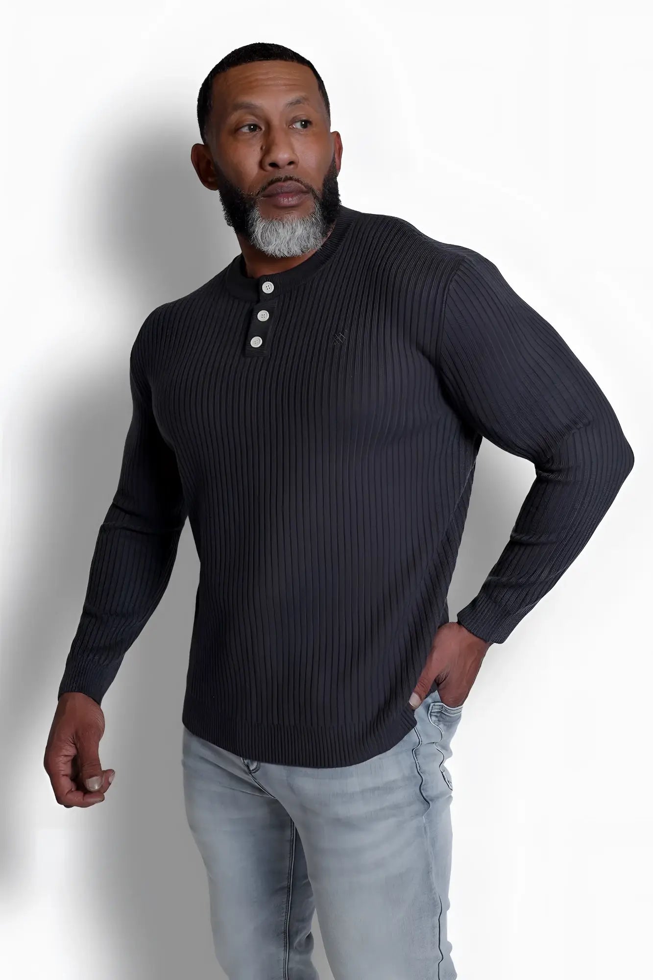 Classic henley sweater dark gray ribbed knit henley shirt with three white buttons in dark gray