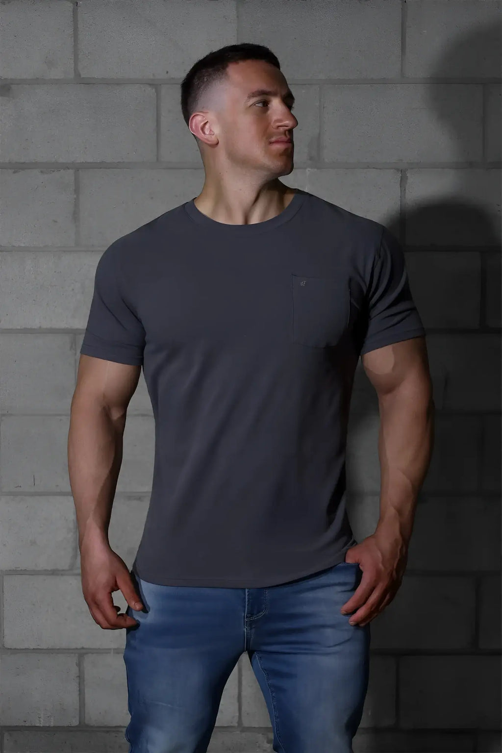 Jed North classic premium dark gray short-sleeved crew neck t-shirt with subtle logo on left chest pocket area