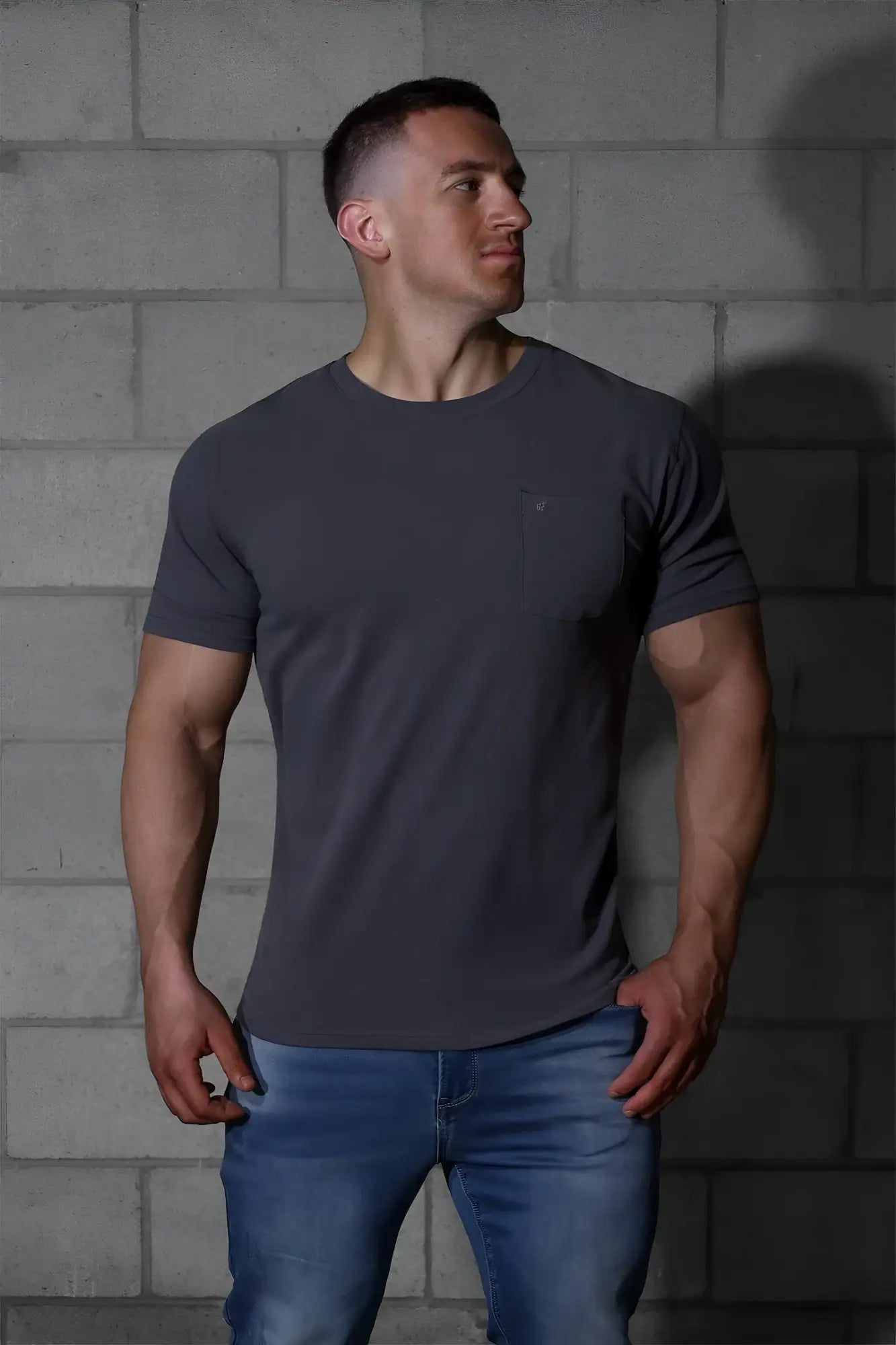 Jed North classic premium dark gray short-sleeved crew neck t-shirt with subtle logo on left chest pocket area
