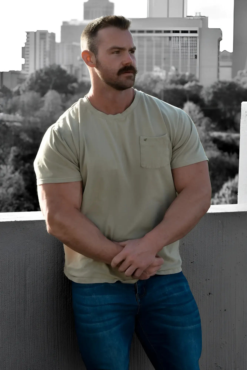 A man wearing a jed north classic premium pistachio green short-sleeved t-shirt with chest pocket and blue jeans