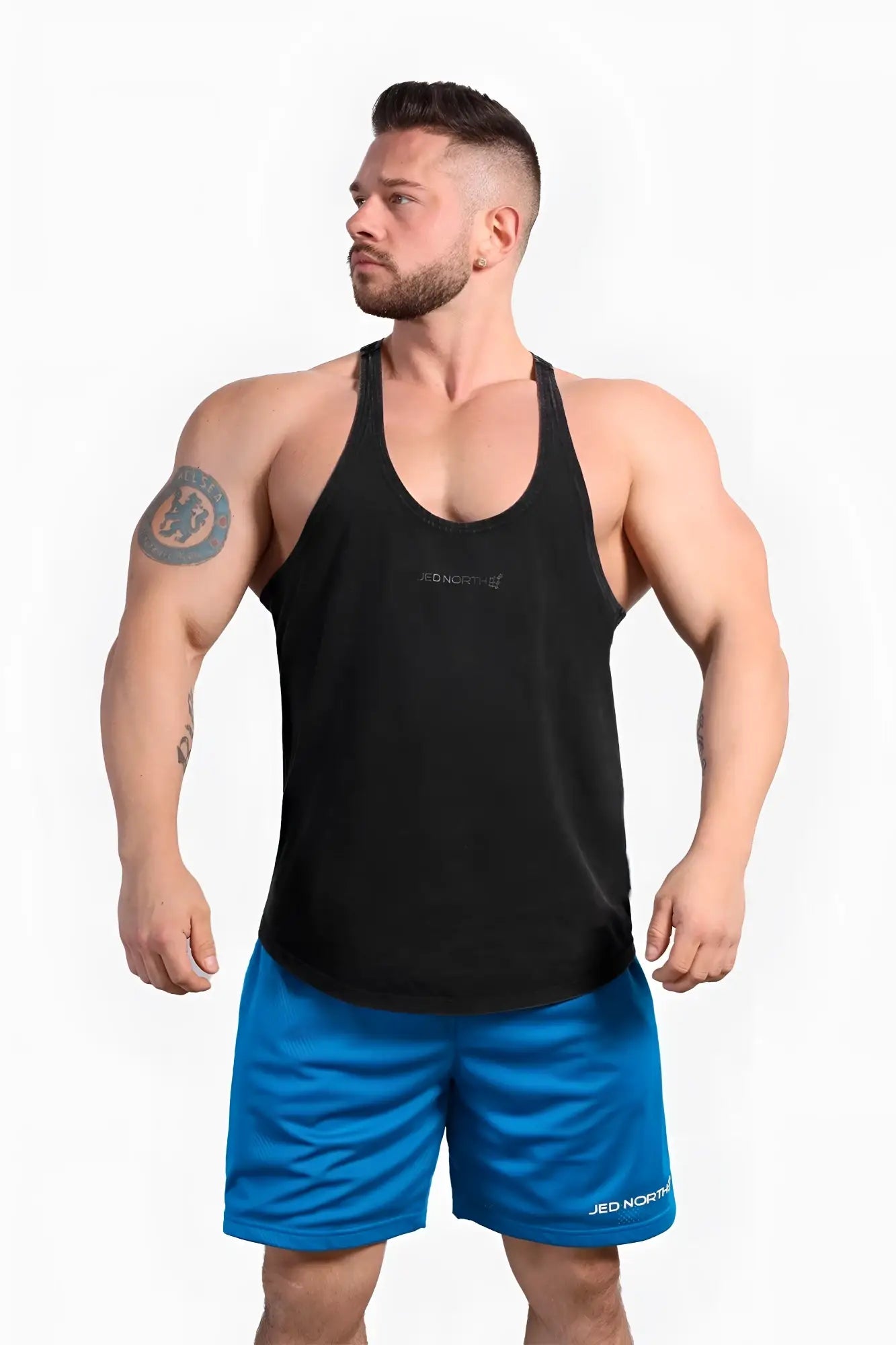 Black sleeveless tank top with subtle chest logo jed north classic vintage washed racerback stringer charcoal