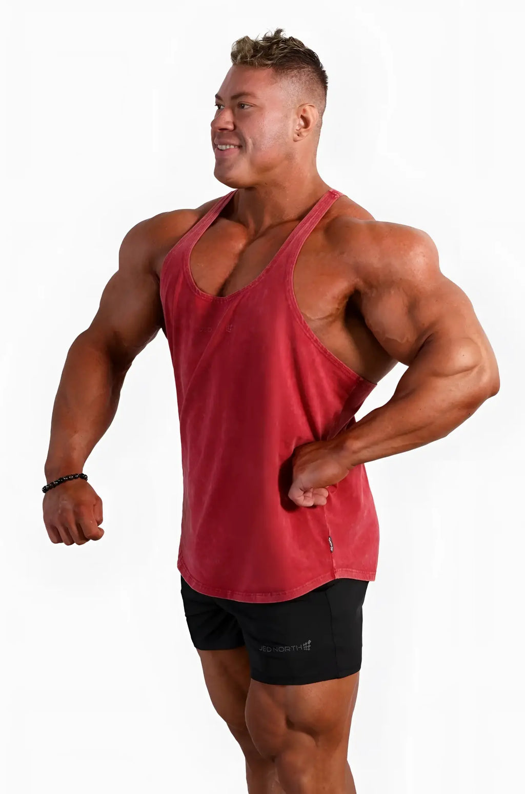 Jed North classic vintage washed racerback stringer muscle tank top in crimson with relaxed fit and slightly faded fabric