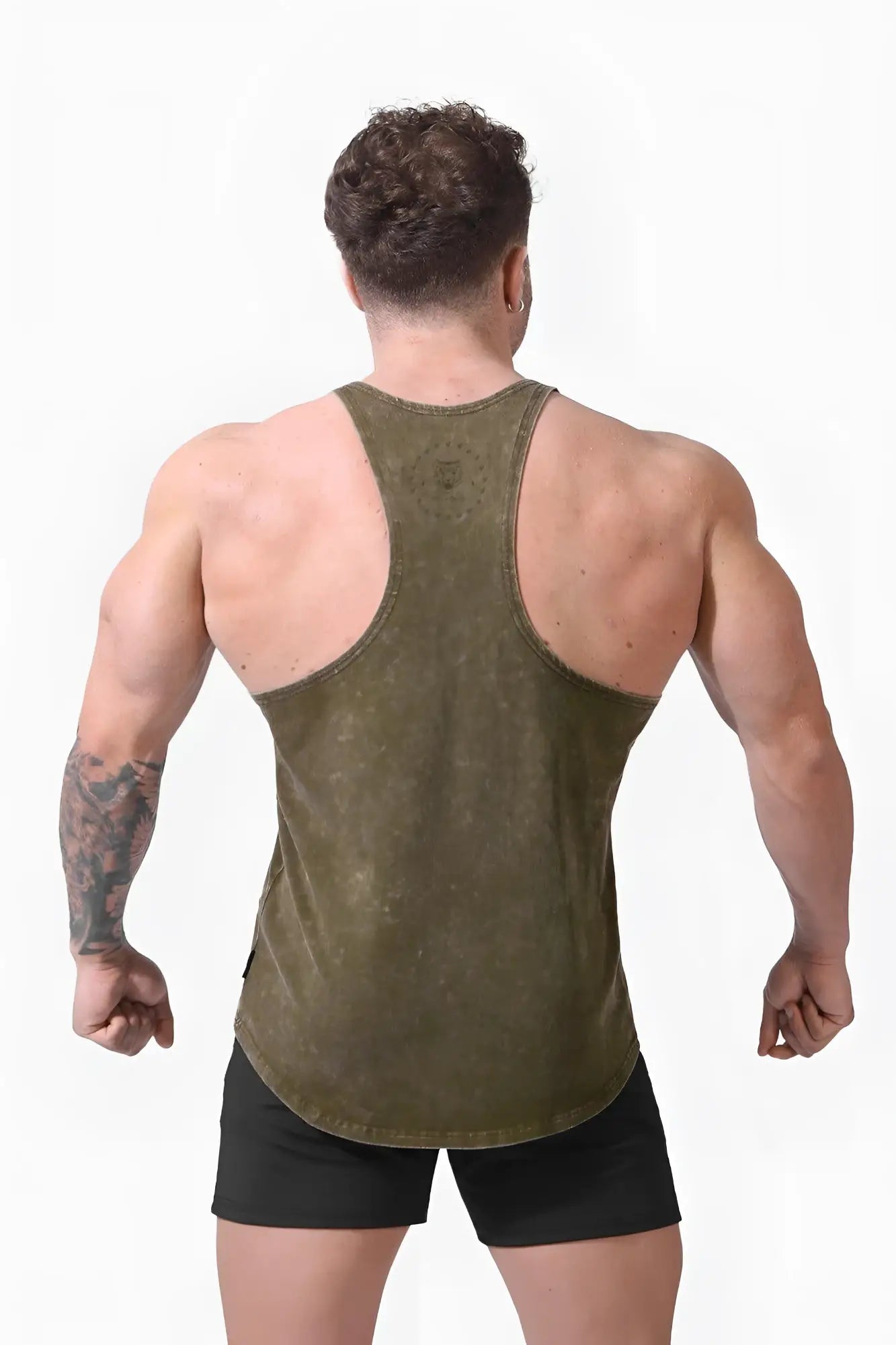 Olive green distressed cotton tank top with racerback design shown from the back in classic vintage washed style