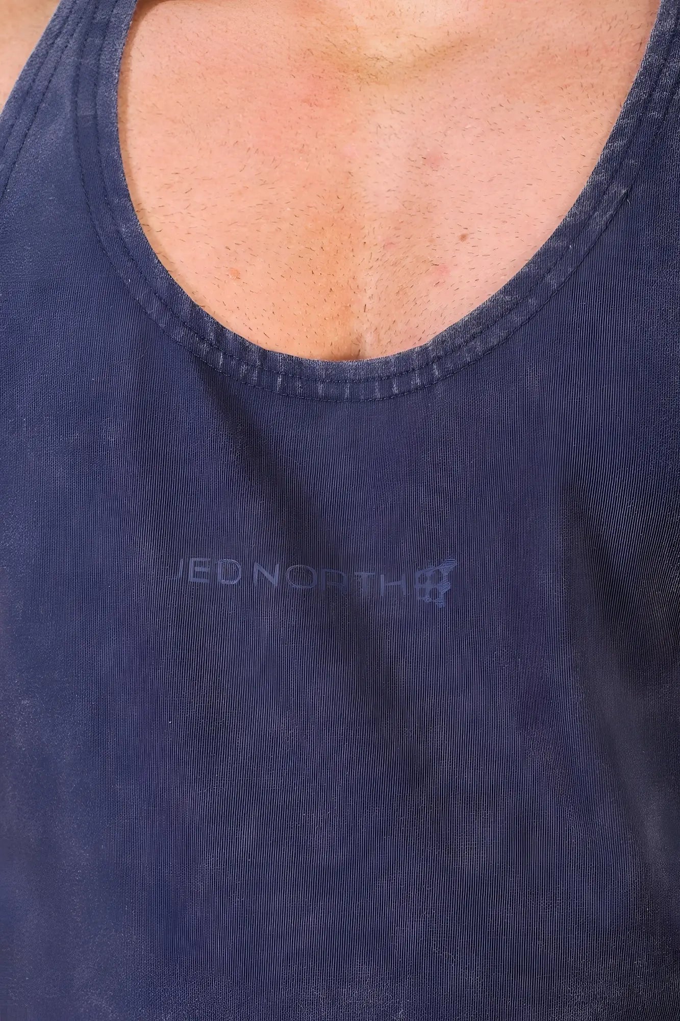 Dark blue vintage washed cotton racerback stringer tank top with subtle abercrombie and fitch logo embroidery