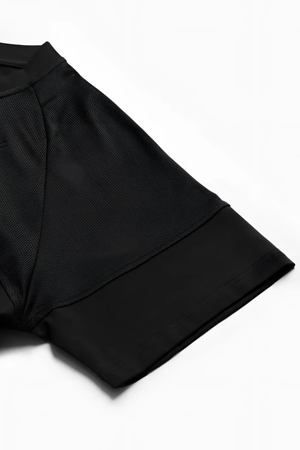 Black jed north core mesh workout t shirt 2.0 with mesh panel on shoulder and solid fabric sleeve