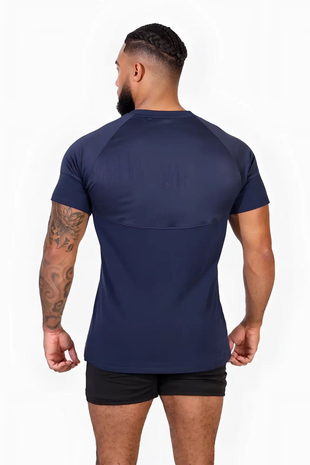 Navy jed north core mesh workout t shirt 2.0 with textured mesh panels on shoulders and upper back shown from back