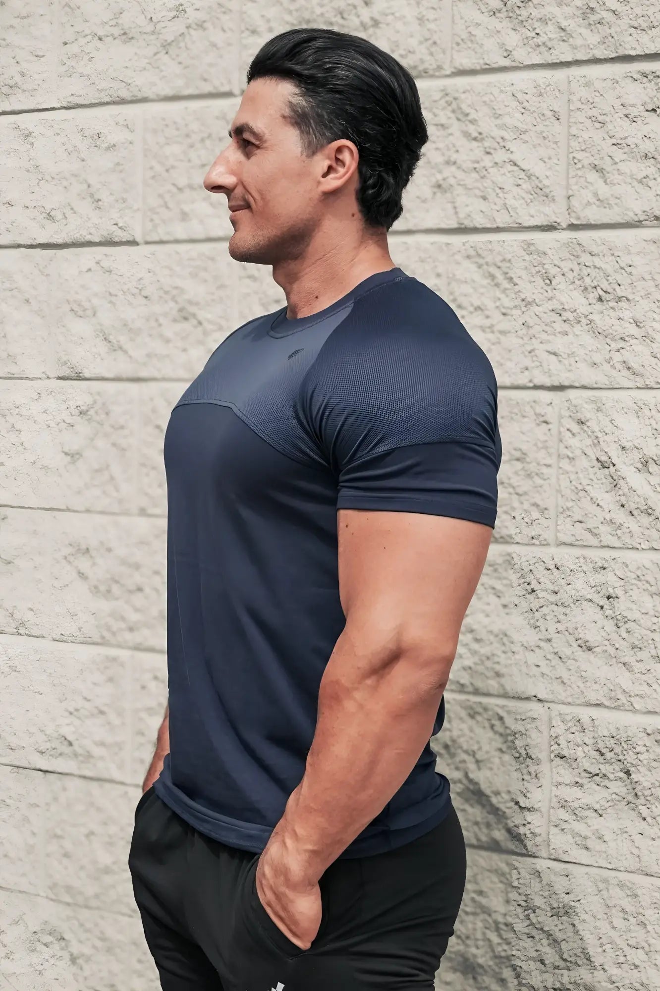 Navy blue Jed North Core Mesh Workout T-Shirt 2.0 with textured fabric and subtle side panel design for performance use