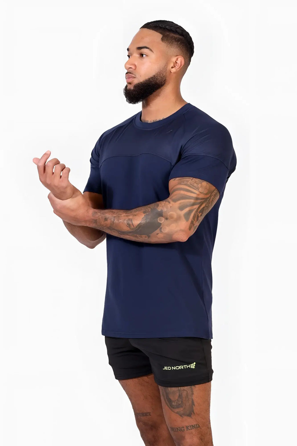 Navy blue Jed North Core Mesh Workout T-shirt 2.0 with short sleeves subtle textured pattern and small logo on lower left side
