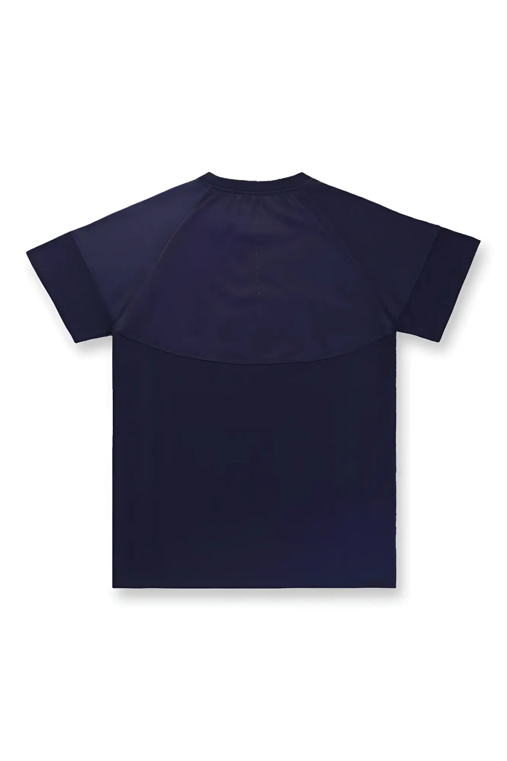 Navy blue short-sleeved rash guard with raglan sleeves made of breathable mesh for workouts by Jed North